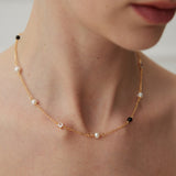 Gold Chain Cubic Zirconia Pearl Necklace with Black Onyx